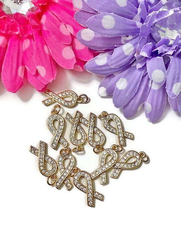 5 Pc Gold Tone & Rhinestone Bling Awareness Ribbon Charms - Cancer Support Cure Survivor Bling Pendant Hope Jewelry Strength DIY Crafting