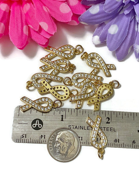 5 Pc Gold Tone & Rhinestone Bling Awareness Ribbon Charms - Cancer Support Cure Survivor Bling Pendant Hope Jewelry Strength DIY Crafting