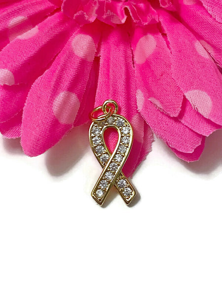 5 Pc Gold Tone & Rhinestone Bling Awareness Ribbon Charms - Cancer Support Cure Survivor Bling Pendant Hope Jewelry Strength DIY Crafting