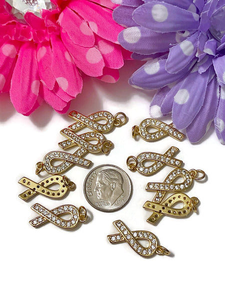 5 Pc Gold Tone & Rhinestone Bling Awareness Ribbon Charms - Cancer Support Cure Survivor Bling Pendant Hope Jewelry Strength DIY Crafting