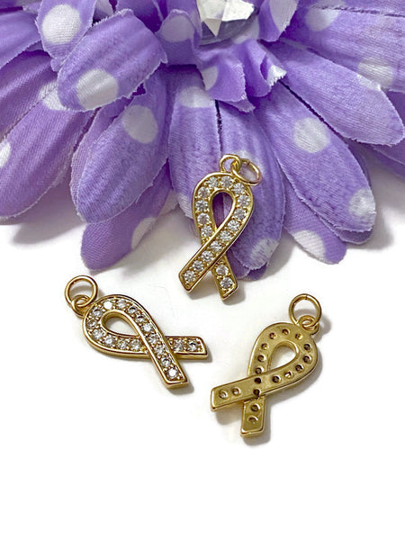 5 Pc Gold Tone & Rhinestone Bling Awareness Ribbon Charms - Cancer Support Cure Survivor Bling Pendant Hope Jewelry Strength DIY Crafting