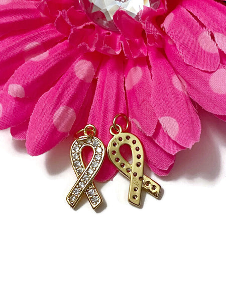 5 Pc Gold Tone & Rhinestone Bling Awareness Ribbon Charms - Cancer Support Cure Survivor Bling Pendant Hope Jewelry Strength DIY Crafting