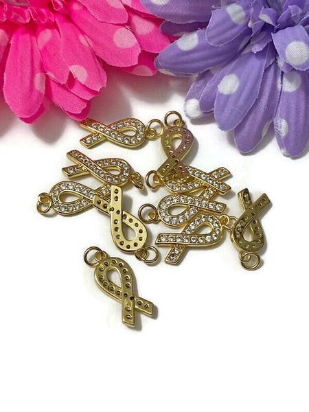 5 Pc Gold Tone & Rhinestone Bling Awareness Ribbon Charms - Cancer Support Cure Survivor Bling Pendant Hope Jewelry Strength DIY Crafting