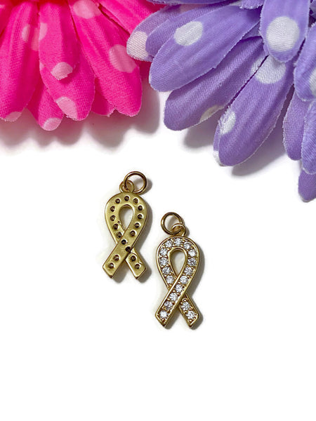 5 Pc Gold Tone & Rhinestone Bling Awareness Ribbon Charms - Cancer Support Cure Survivor Bling Pendant Hope Jewelry Strength DIY Crafting