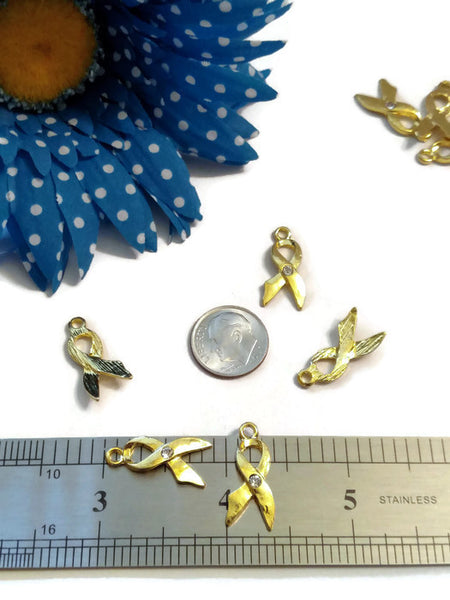 10 Pc Gold & Clear Crystal Awareness Ribbon Pendant Charms - Hope Jewelry Rhinestone Single Crystal Design Cancer Support Cure Bling Charms