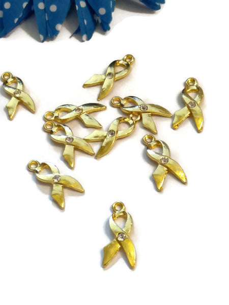 10 Pc Gold & Clear Crystal Awareness Ribbon Pendant Charms - Hope Jewelry Rhinestone Single Crystal Design Cancer Support Cure Bling Charms