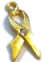 10 Pc Gold & Clear Crystal Awareness Ribbon Pendant Charms - Hope Jewelry Rhinestone Single Crystal Design Cancer Support Cure Bling Charms