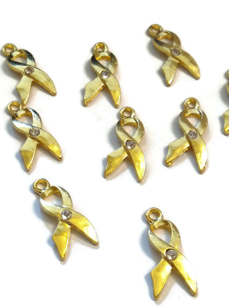 10 Pc Gold & Clear Crystal Awareness Ribbon Pendant Charms - Hope Jewelry Rhinestone Single Crystal Design Cancer Support Cure Bling Charms