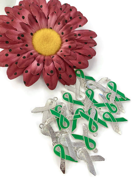 Green Hope Awareness Ribbon Pendant Charms - Lyme Disease Liver Cancer Kidney Disease Cerebral Palsy Bipolar Disorder Mental Health