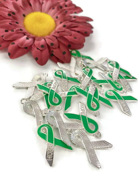 Green Hope Awareness Ribbon Pendant Charms - Lyme Disease Liver Cancer Kidney Disease Cerebral Palsy Bipolar Disorder Mental Health