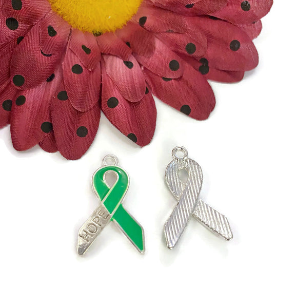 Green Hope Awareness Ribbon Pendant Charms - Lyme Disease Liver Cancer Kidney Disease Cerebral Palsy Bipolar Disorder Mental Health