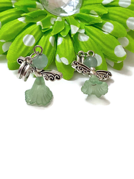 5Pc Green Natural Stone Awareness Dangle Angel Charm- Liver Cancer Kidney Lyme Disease Cerebral Palsy Bipolar Disorder Mental Health Support