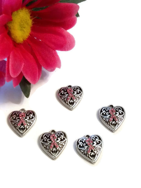 10Pc Pink Crystal Heart Awareness Ribbon Pendant Charms - Hope Breast Cancer Cure Support Believe Love Faith Survivor Jewelry Save the Tatas