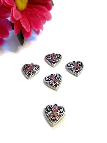 10Pc Pink Crystal Heart Awareness Ribbon Pendant Charms - Hope Breast Cancer Cure Support Believe Love Faith Survivor Jewelry Save the Tatas