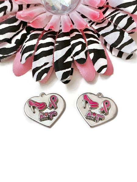 1 Pc Pink Hope & High Heels Silver Tone Heart Handmade Awareness Charm - Breast Cancer Support Hope Cure Survivor Fight Save the Tatas