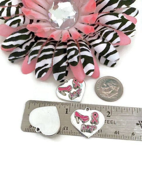 1 Pc Pink Hope & High Heels Silver Tone Heart Handmade Awareness Charm - Breast Cancer Support Hope Cure Survivor Fight Save the Tatas