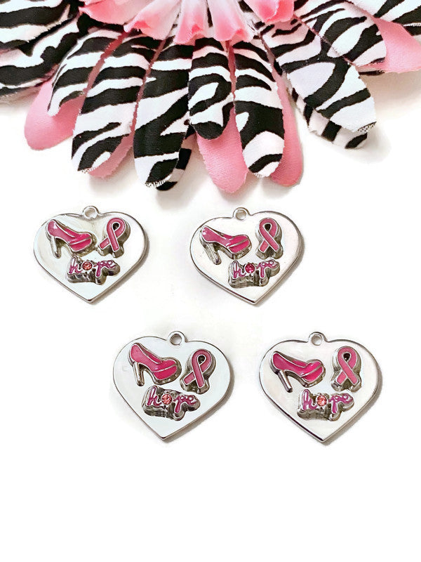 1 Pc Pink Hope & High Heels Silver Tone Heart Handmade Awareness Charm - Breast Cancer Support Hope Cure Survivor Fight Save the Tatas