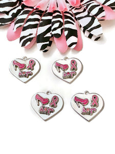 1 Pc Pink Hope & High Heels Silver Tone Heart Handmade Awareness Charm - Breast Cancer Support Hope Cure Survivor Fight Save the Tatas