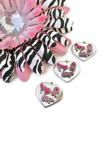 1 Pc Pink Hope & High Heels Silver Tone Heart Handmade Awareness Charm - Breast Cancer Support Hope Cure Survivor Fight Save the Tatas