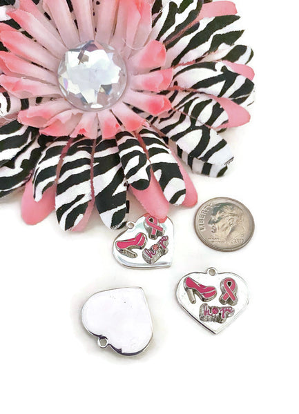 1 Pc Pink Hope & High Heels Silver Tone Heart Handmade Awareness Charm - Breast Cancer Support Hope Cure Survivor Fight Save the Tatas