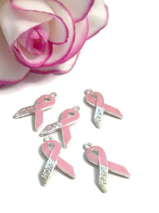 Pink Enamel Hope Awareness Ribbon Pendant Charms - Hope Breast Cancer Save the Tatas Cure Survivor Support Fight Awareness DIY Jewelry Charm