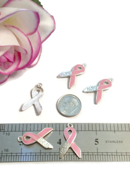 Pink Enamel Hope Awareness Ribbon Pendant Charms - Hope Breast Cancer Save the Tatas Cure Survivor Support Fight Awareness DIY Jewelry Charm