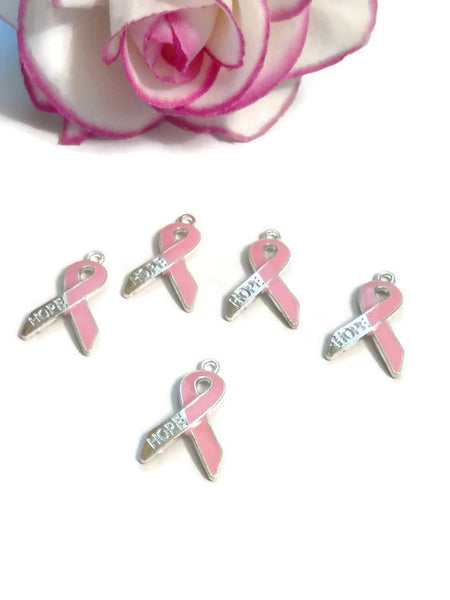 Pink Enamel Hope Awareness Ribbon Pendant Charms - Hope Breast Cancer Save the Tatas Cure Survivor Support Fight Awareness DIY Jewelry Charm