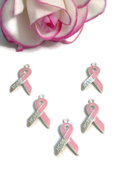 Pink Enamel Hope Awareness Ribbon Pendant Charms - Hope Breast Cancer Save the Tatas Cure Survivor Support Fight Awareness DIY Jewelry Charm