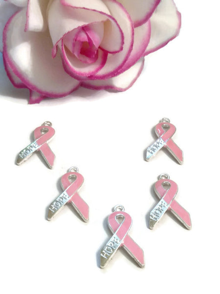 Pink Enamel Hope Awareness Ribbon Pendant Charms - Hope Breast Cancer Save the Tatas Cure Survivor Support Fight Awareness DIY Jewelry Charm