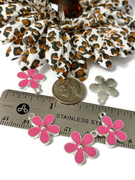 5 Pc Hot Pink Forget-Me-Not Style Enamel Flower Charm - Breast Cancer Awareness Survivor Cure Hope Fight Support Pendant Charms Jewelry