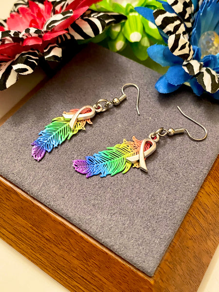 LGBTQ Feather Drop Awareness Earrings - Hope Acceptance Pride Support Lesbian Gay Queer Bi-Sexual Transgender Love is Love Awareness Bling Jewelry