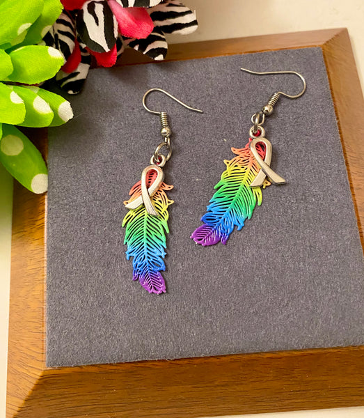 LGBTQ Feather Drop Awareness Earrings - Hope Acceptance Pride Support Lesbian Gay Queer Bi-Sexual Transgender Love is Love Awareness Bling Jewelry