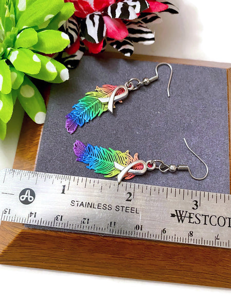 LGBTQ Feather Drop Awareness Earrings - Hope Acceptance Pride Support Lesbian Gay Queer Bi-Sexual Transgender Love is Love Awareness Bling Jewelry