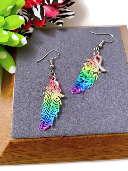 LGBTQ Feather Drop Awareness Earrings - Hope Acceptance Pride Support Lesbian Gay Queer Bi-Sexual Transgender Love is Love Awareness Bling Jewelry