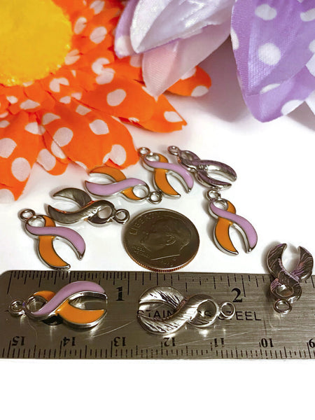 Orchid & Orange Awareness Ribbon Enamel Pendant Charms - Eczema Psoriasis Skin Conditions Cure Hope Cancer Support Awareness Ribbon Jewelry