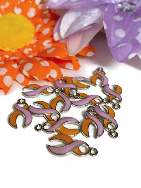 Orchid & Orange Awareness Ribbon Enamel Pendant Charms - Eczema Psoriasis Skin Conditions Cure Hope Cancer Support Awareness Ribbon Jewelry