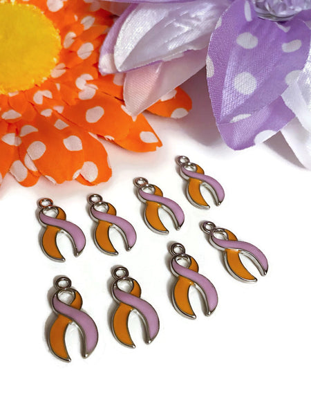 Orchid & Orange Awareness Ribbon Enamel Pendant Charms - Eczema Psoriasis Skin Conditions Cure Hope Cancer Support Awareness Ribbon Jewelry