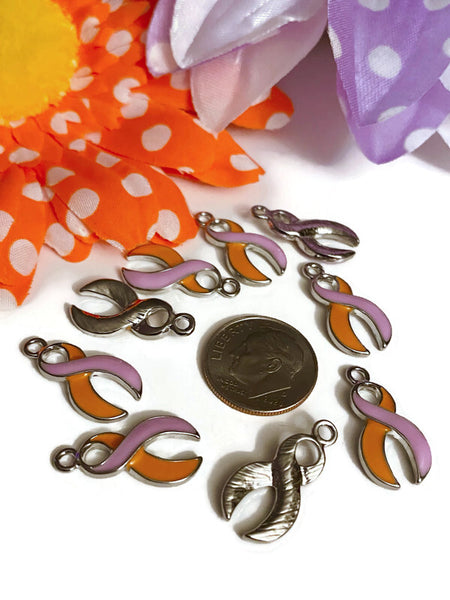 Orchid & Orange Awareness Ribbon Enamel Pendant Charms - Eczema Psoriasis Skin Conditions Cure Hope Cancer Support Awareness Ribbon Jewelry