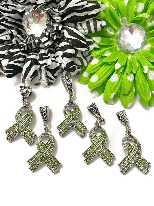 1 Pc Green Luxurious Rhinestone Awareness Ribbon Pendant - Mental Health Bi-Polar Disorder Lyme Kidney Disease Liver Cancer Cerebral Palsy