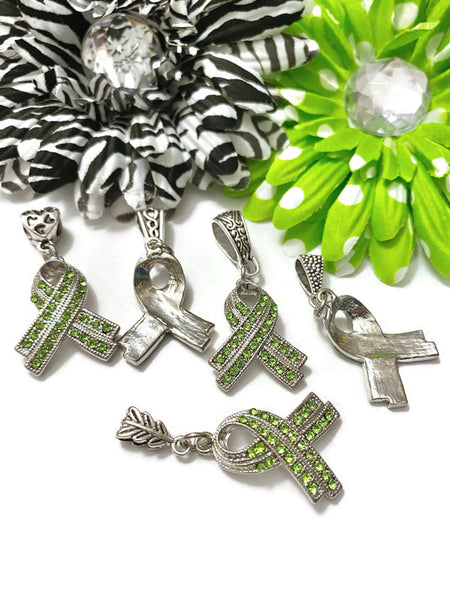 1 Pc Green Luxurious Rhinestone Awareness Ribbon Pendant - Mental Health Bi-Polar Disorder Lyme Kidney Disease Liver Cancer Cerebral Palsy