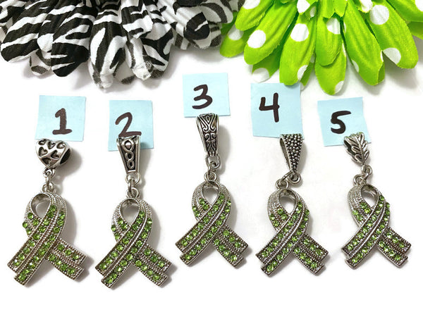 1 Pc Green Luxurious Rhinestone Awareness Ribbon Pendant - Mental Health Bi-Polar Disorder Lyme Kidney Disease Liver Cancer Cerebral Palsy