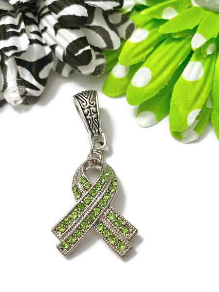 1 Pc Green Luxurious Rhinestone Awareness Ribbon Pendant - Mental Health Bi-Polar Disorder Lyme Kidney Disease Liver Cancer Cerebral Palsy