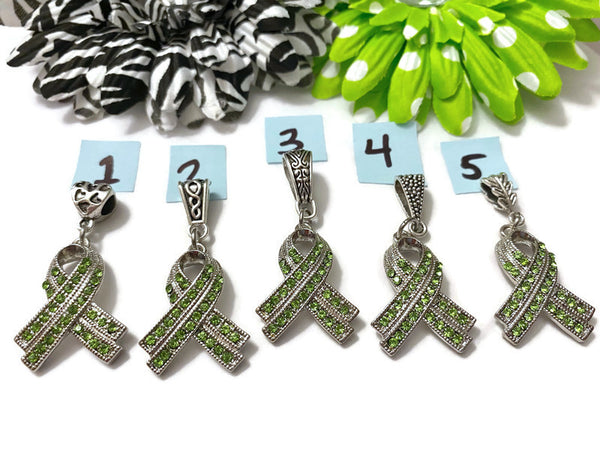 1 Pc Green Luxurious Rhinestone Awareness Ribbon Pendant - Mental Health Bi-Polar Disorder Lyme Kidney Disease Liver Cancer Cerebral Palsy