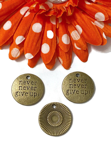 5 Pc Never Never Give Up Bronze Tone Pendant Charms - Awareness Jewelry Cancer Cure Hope Support Fight Strength Survivor Inspirational Crafting