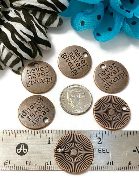 5 Pc Never Never Give Up Copper Tone Pendant Charms - Awareness Jewelry Cancer Cure Support Fight Strength Survivor Inspirational Crafting