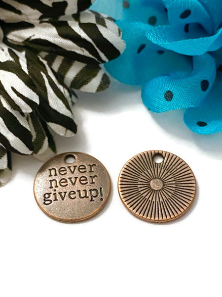 5 Pc Never Never Give Up Copper Tone Pendant Charms - Awareness Jewelry Cancer Cure Support Fight Strength Survivor Inspirational Crafting