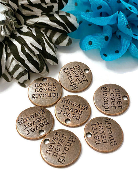 5 Pc Never Never Give Up Copper Tone Pendant Charms - Awareness Jewelry Cancer Cure Support Fight Strength Survivor Inspirational Crafting