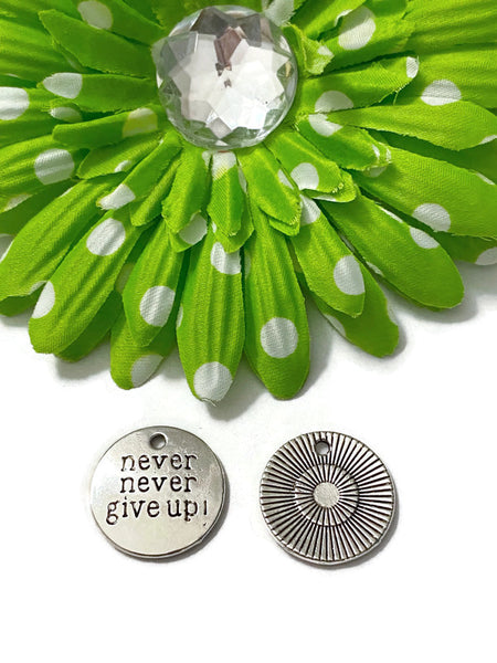 5 Pc Never Never Give Up Silver Tone Pendant Charms - Awareness Jewelry Cancer Cure Support Fight Strength Survivor Inspirational Crafting