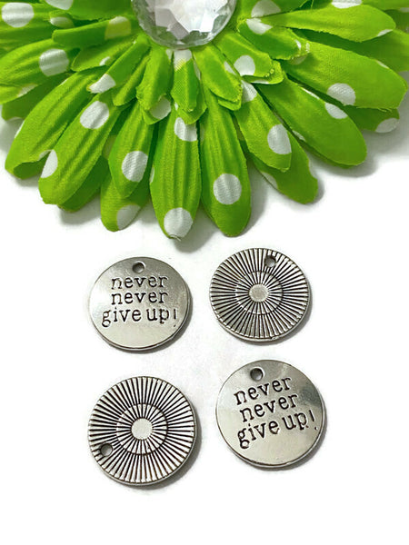 5 Pc Never Never Give Up Silver Tone Pendant Charms - Awareness Jewelry Cancer Cure Support Fight Strength Survivor Inspirational Crafting