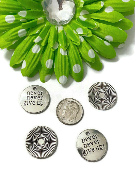 5 Pc Never Never Give Up Silver Tone Pendant Charms - Awareness Jewelry Cancer Cure Support Fight Strength Survivor Inspirational Crafting